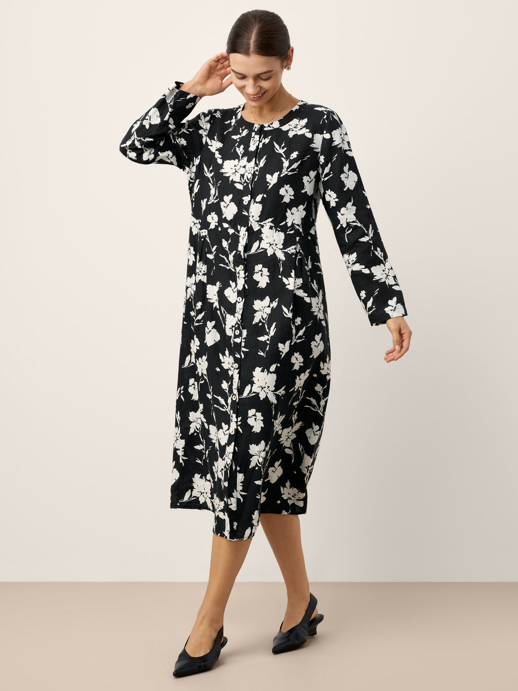 Robe midi froncée imprimée florale 100 % lin ÉLODIE
