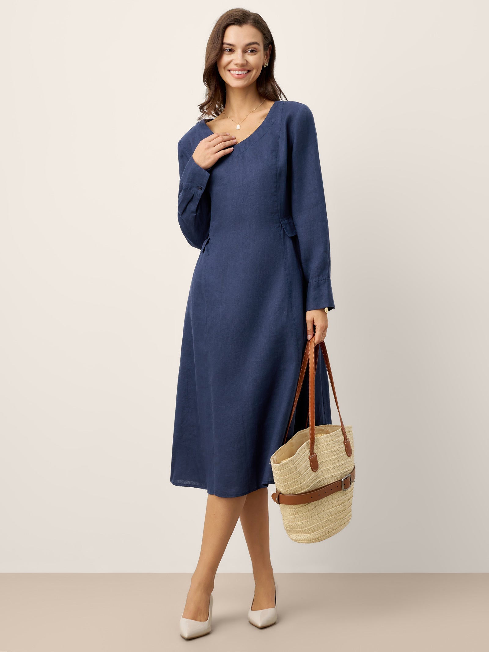 Robe midi DIANA 100 % lin à taille froncée et détail de rabat