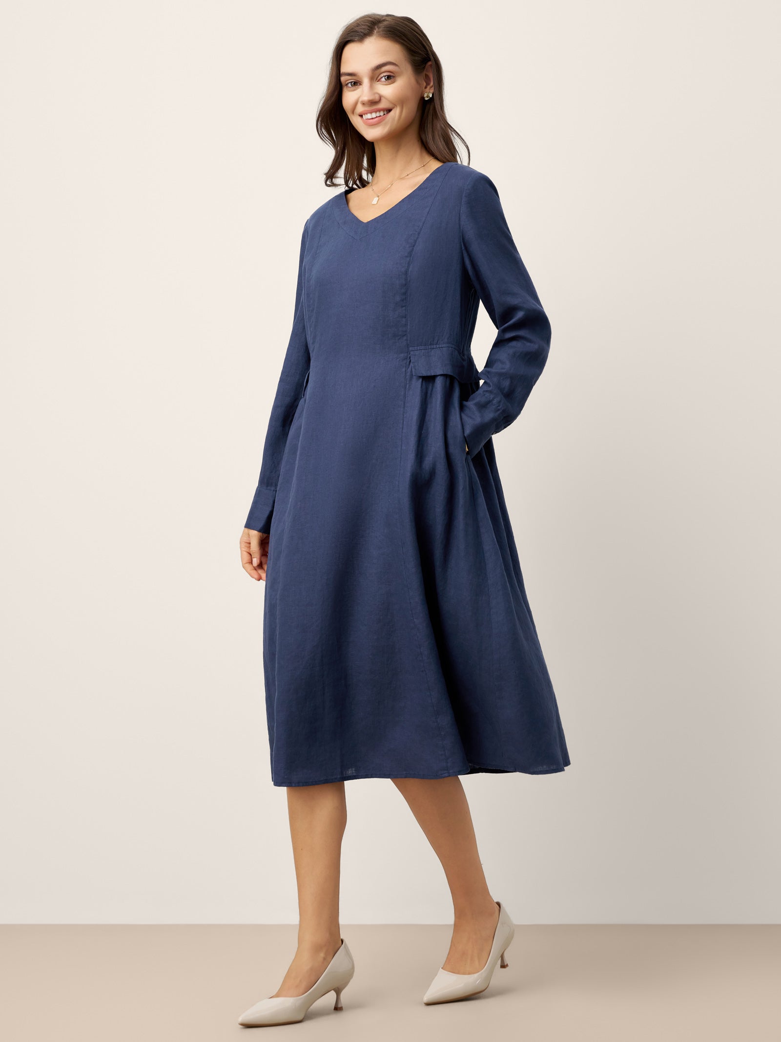 Robe midi DIANA 100 % lin à taille froncée et détail de rabat