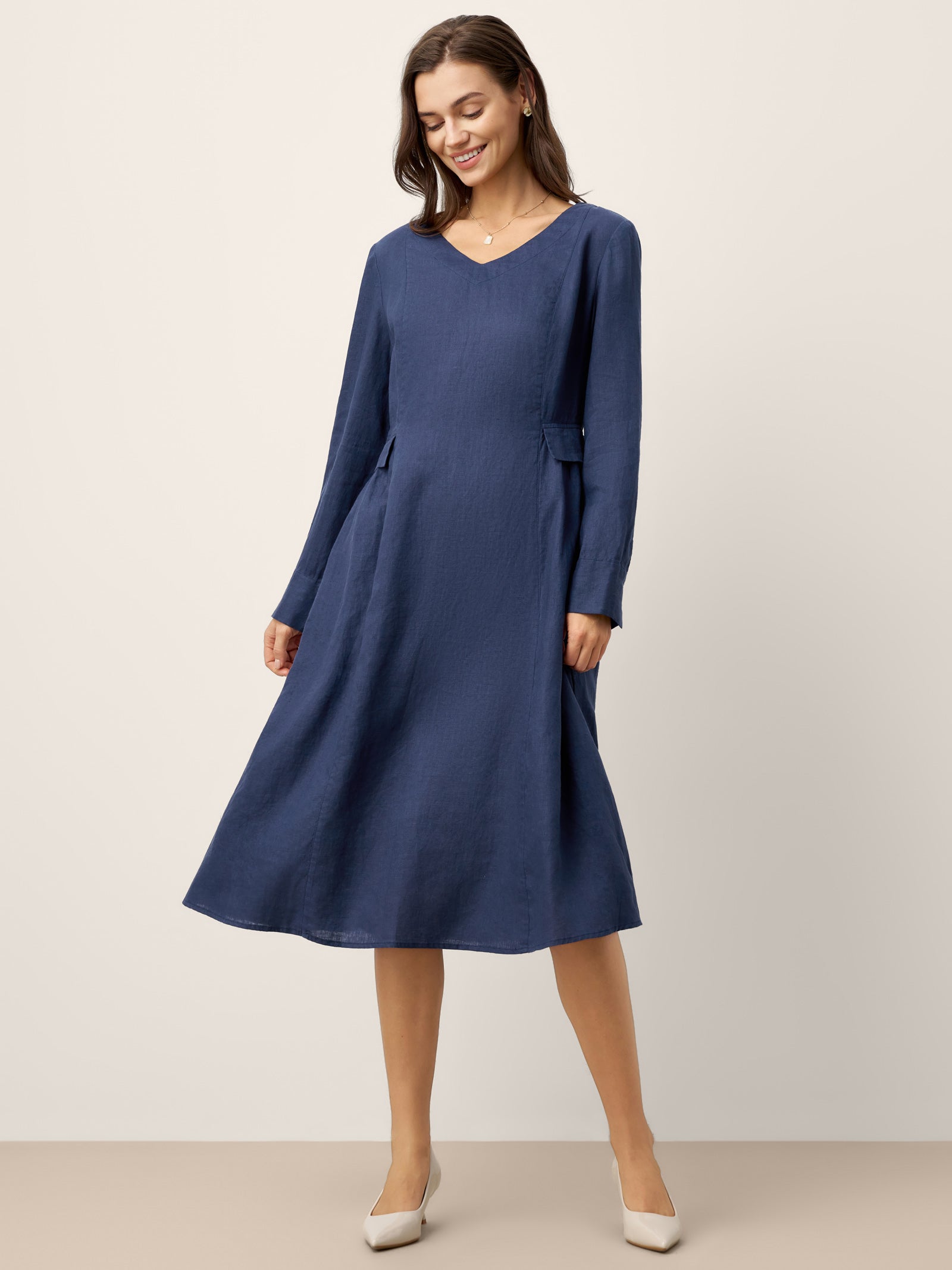 Robe midi DIANA 100 % lin à taille froncée et détail de rabat