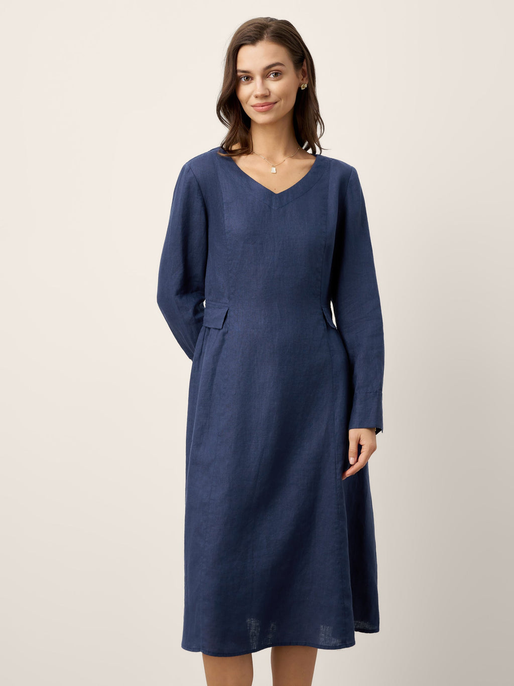 Robe midi DIANA 100 % lin à taille froncée et détail de rabat