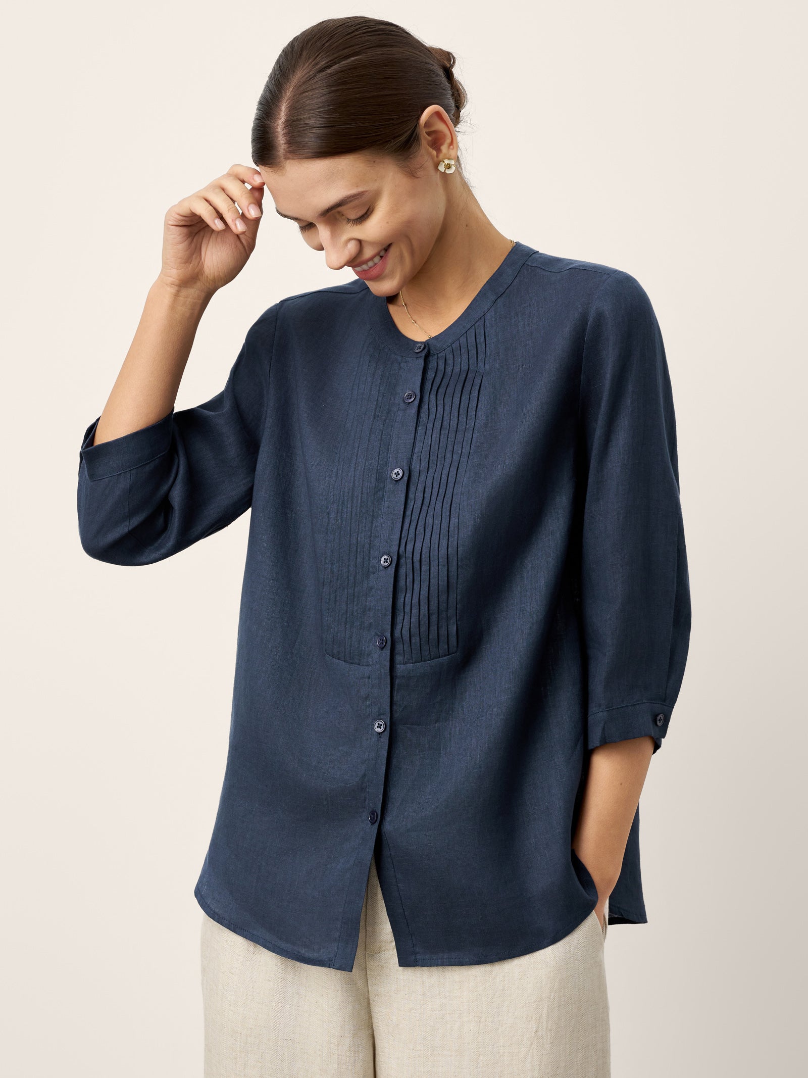 Chemise RANA en lin 100%, plissée accordéon, col rond