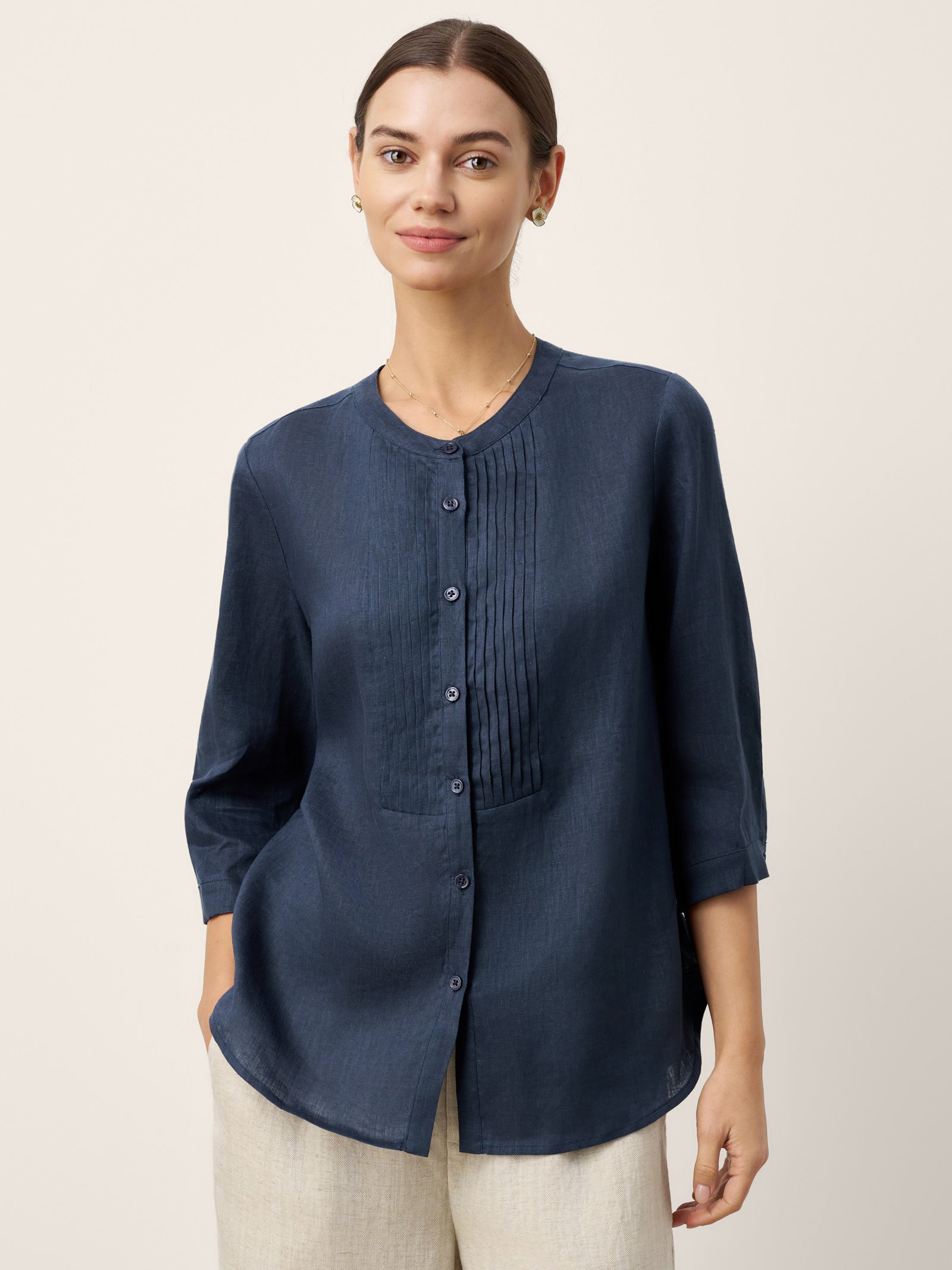 Chemise RANA en lin 100%, plissée accordéon, col rond