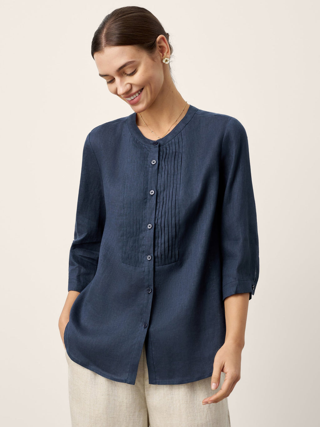 Chemise RANA en lin 100%, plissée accordéon, col rond
