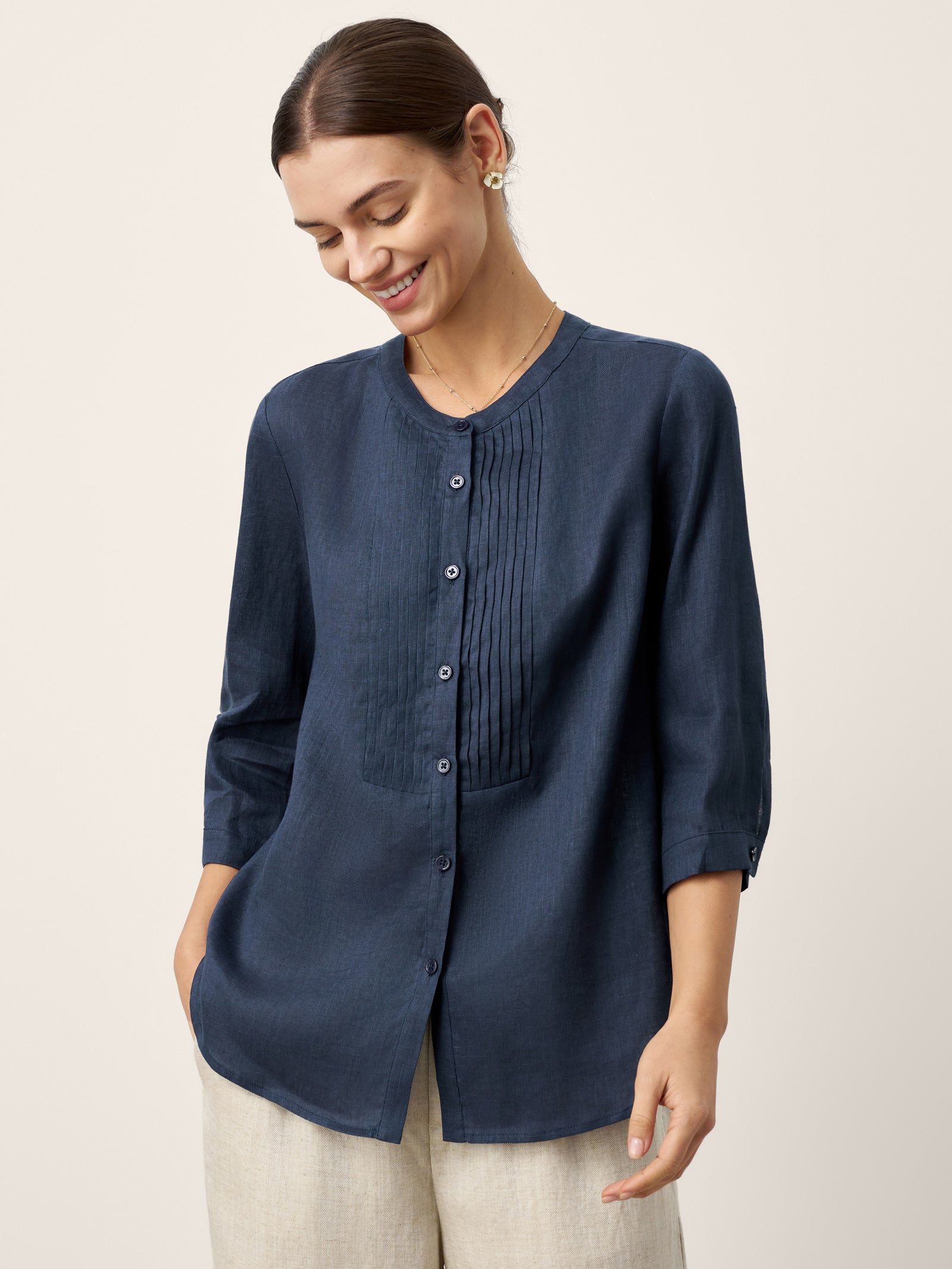 Chemise RANA en lin 100%, plissée accordéon, col rond