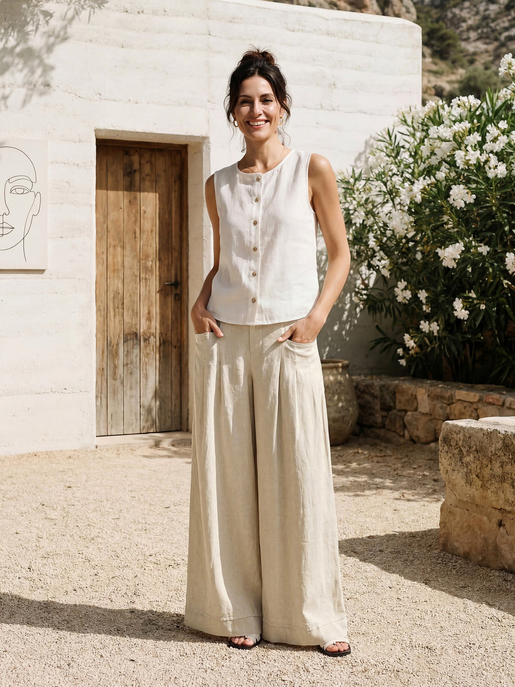 Pantalon VERIDIANA en 100 % lin, plissé sculpté et dos élastiqué, coupe décontractée