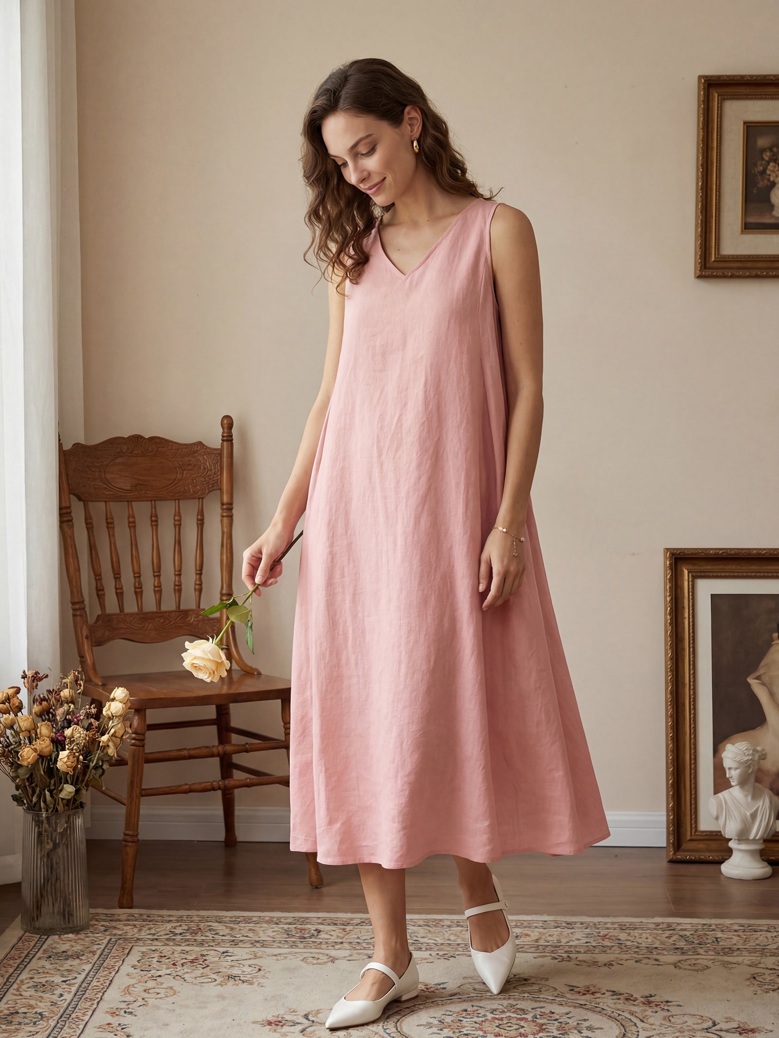 Robe midi trapèze sans manches 100 % lin TARA