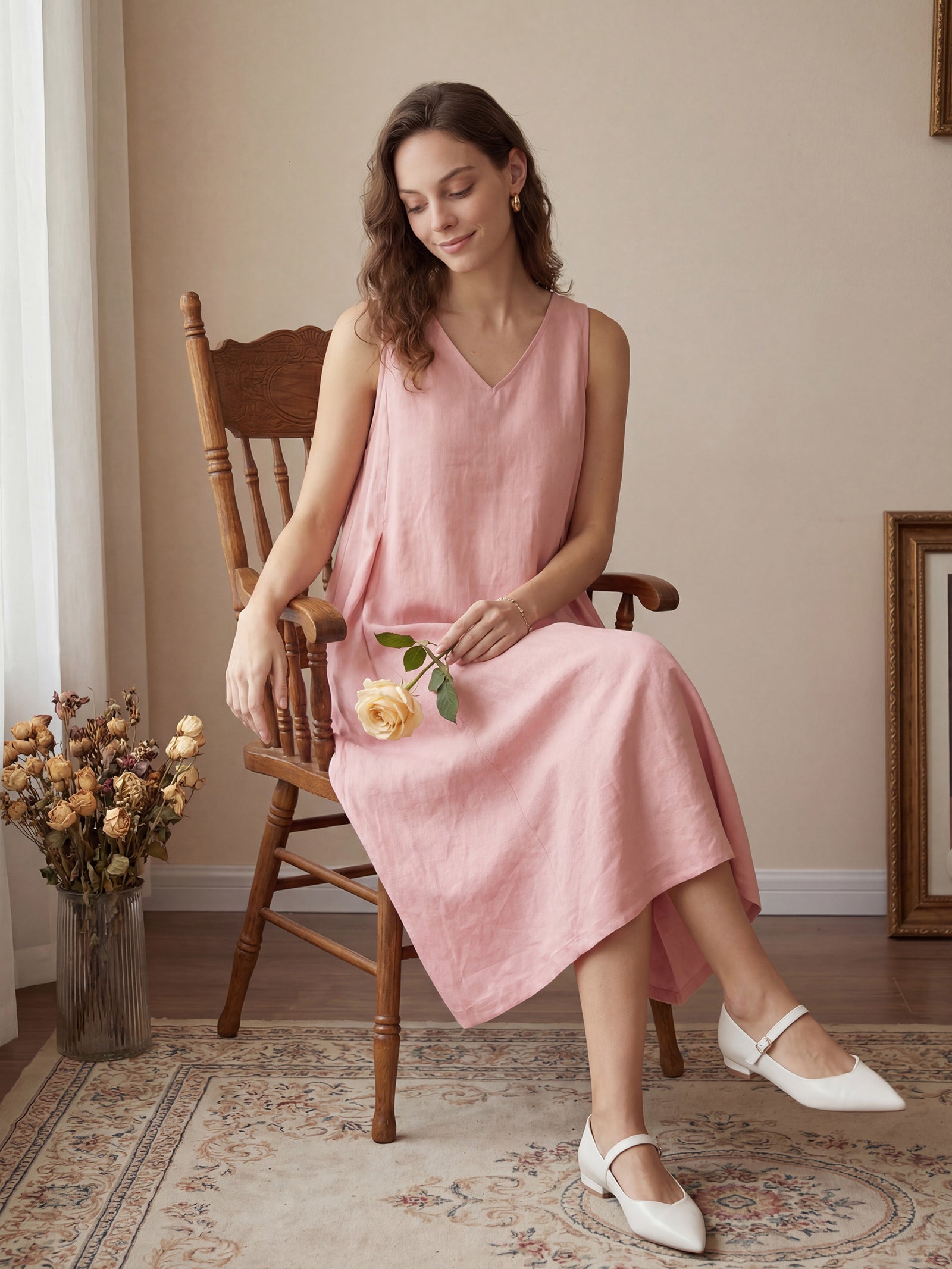 Robe midi trapèze sans manches 100 % lin TARA