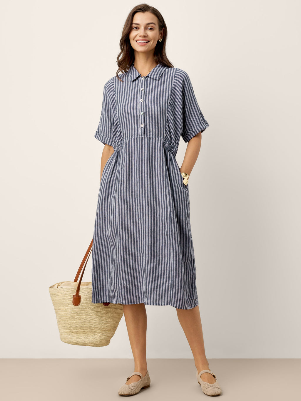 Robe chemise mi-longue rayée 100% lin à boutonnage devant et manches courtes CASSANDRA
