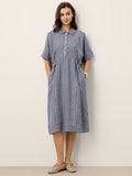 Robe chemise mi-longue rayée 100% lin à boutonnage devant et manches courtes CASSANDRA