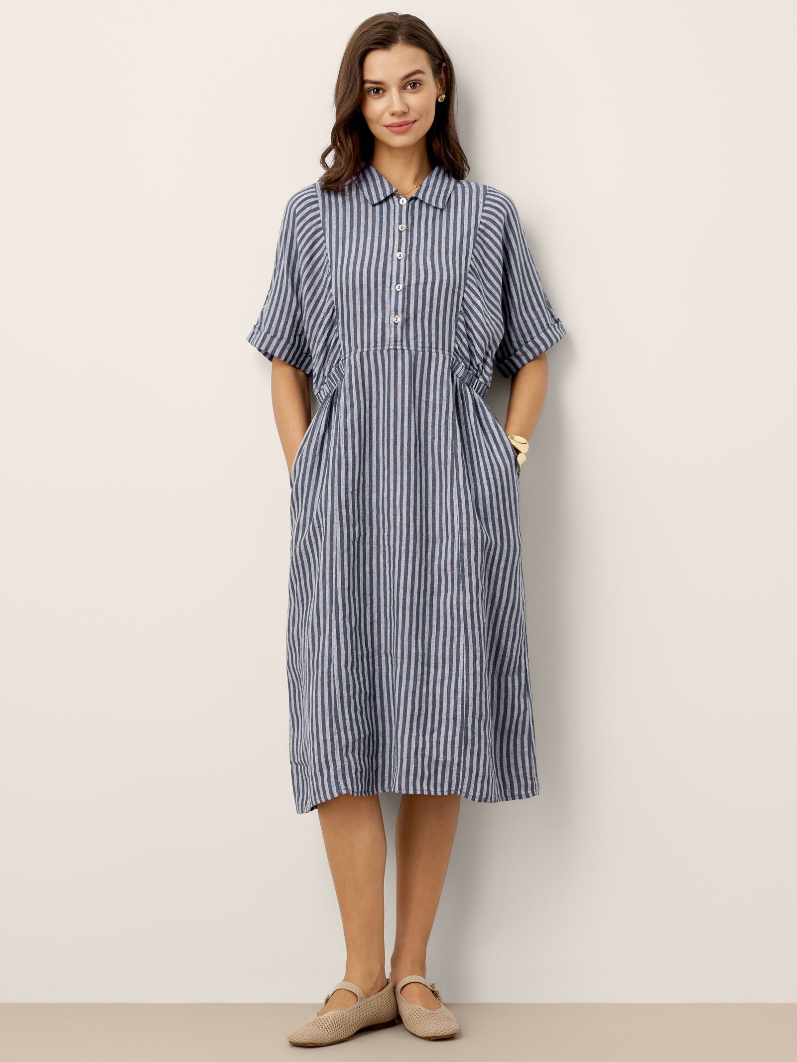Robe chemise mi-longue rayée 100% lin à boutonnage devant et manches courtes CASSANDRA