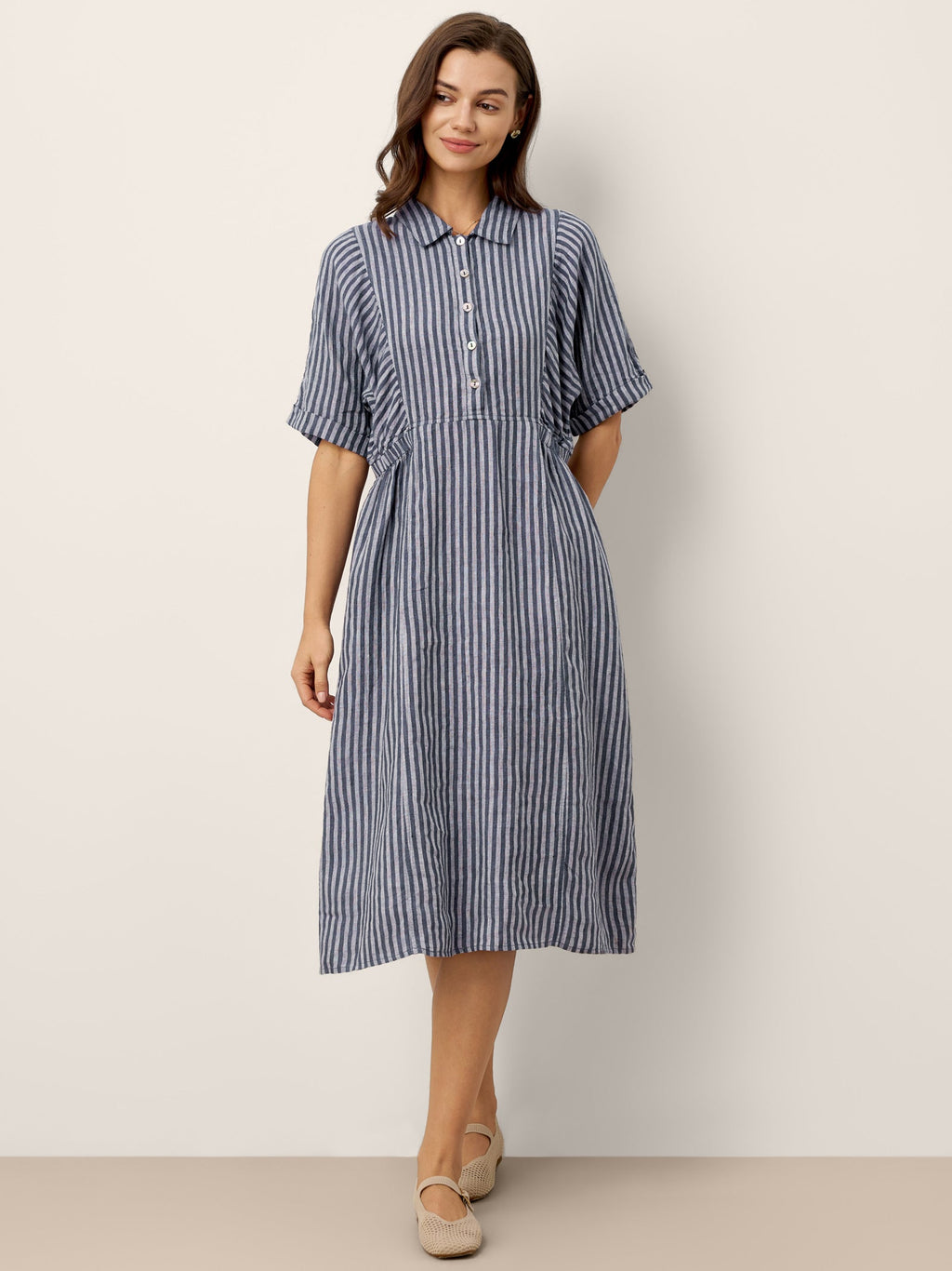 Robe chemise mi-longue rayée 100% lin à boutonnage devant et manches courtes CASSANDRA