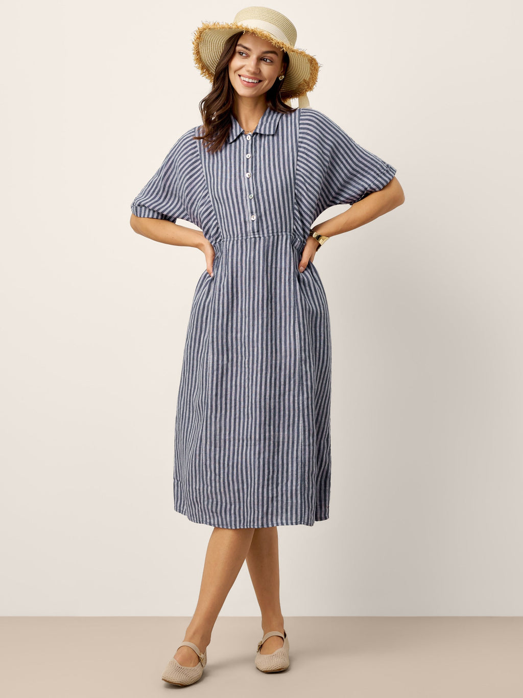 Robe chemise mi-longue rayée 100% lin à boutonnage devant et manches courtes CASSANDRA