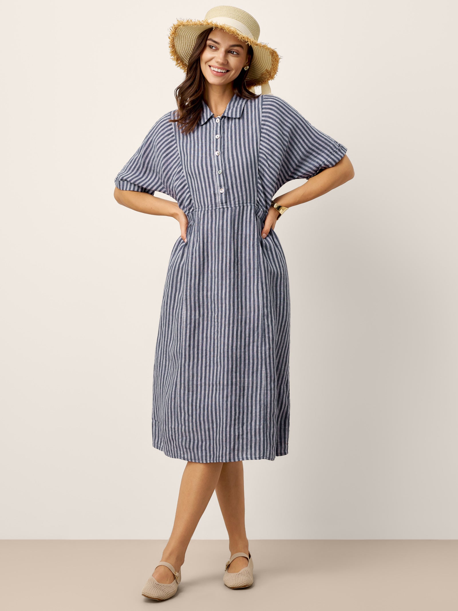 Robe chemise mi-longue rayée 100% lin à boutonnage devant et manches courtes CASSANDRA