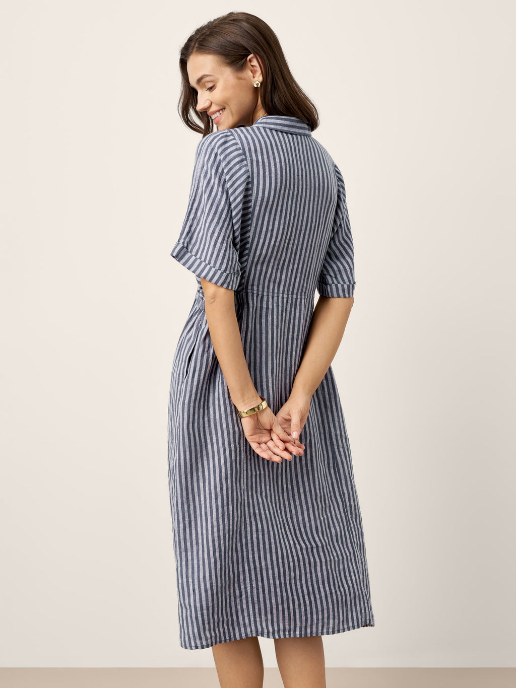 Robe chemise mi-longue rayée 100% lin à boutonnage devant et manches courtes CASSANDRA