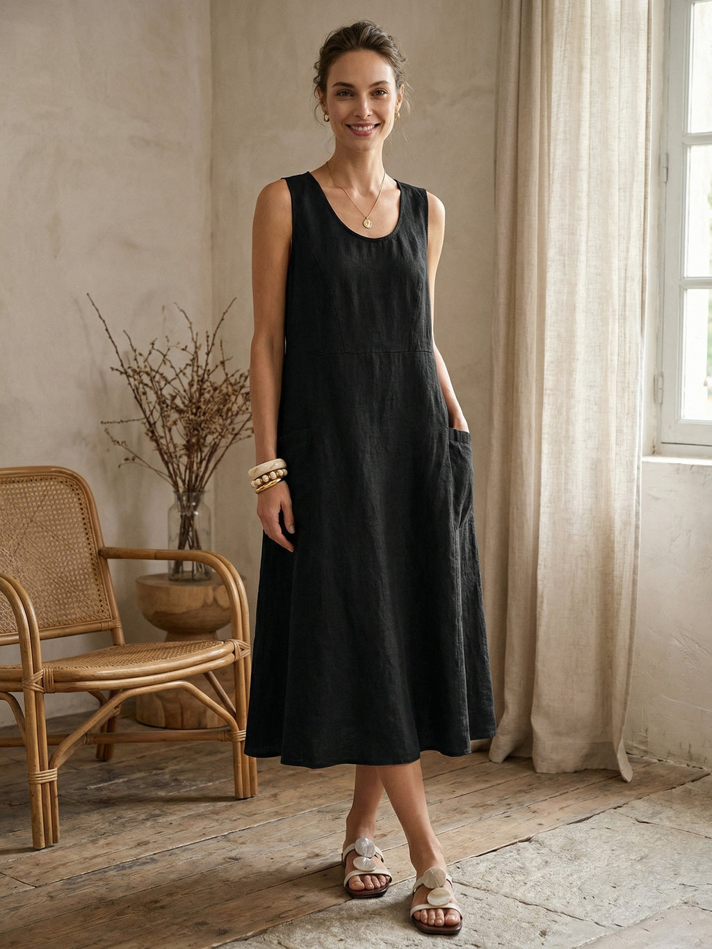 Robe débardeur de plage évasée 100 % lin GIANA