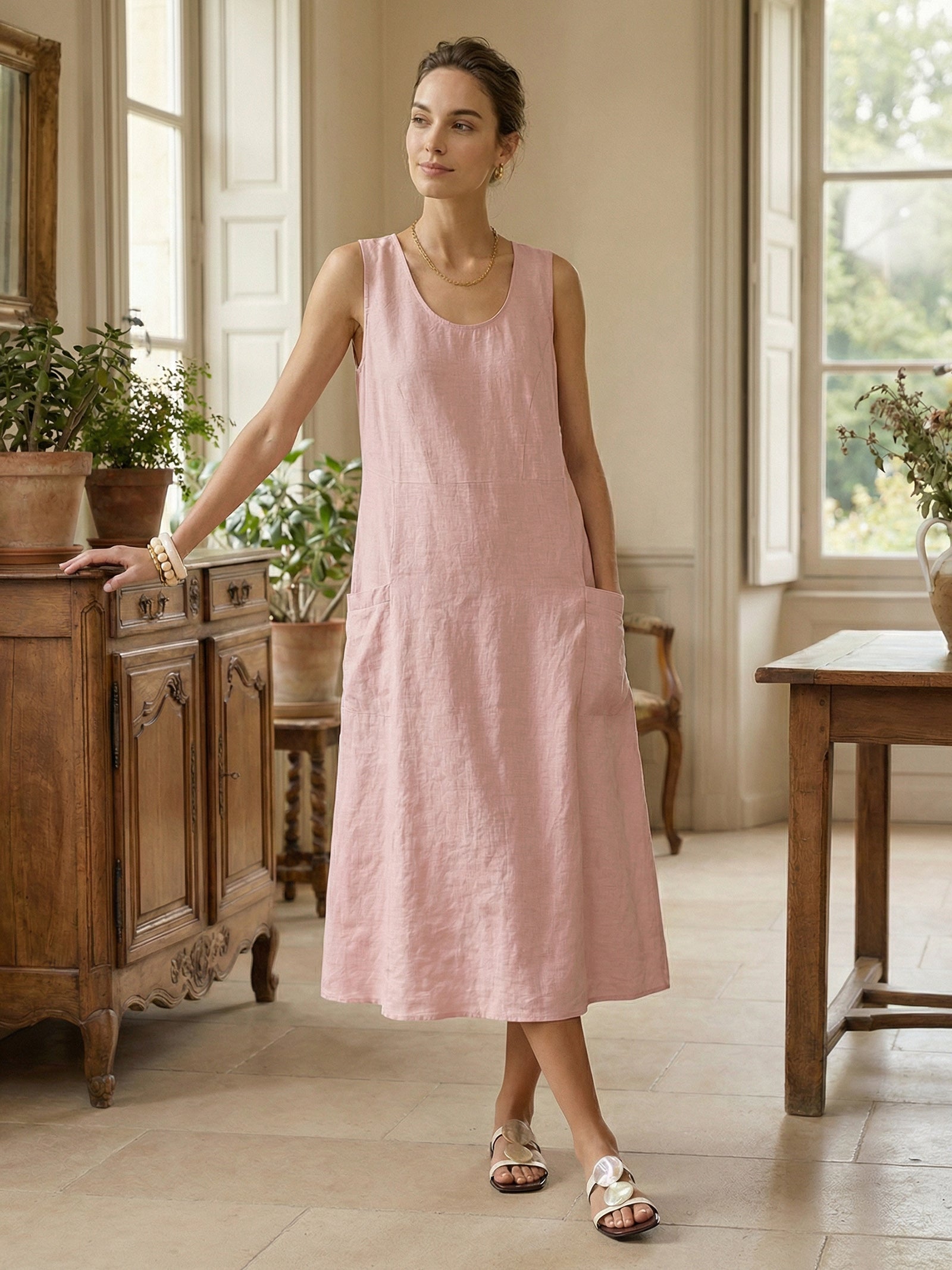 Robe débardeur de plage évasée 100 % lin GIANA