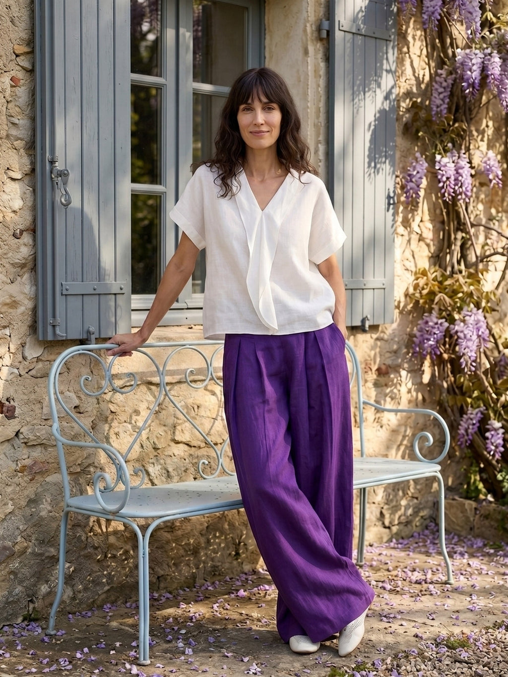 Haut en lin 100% double volant col souple VERONICA