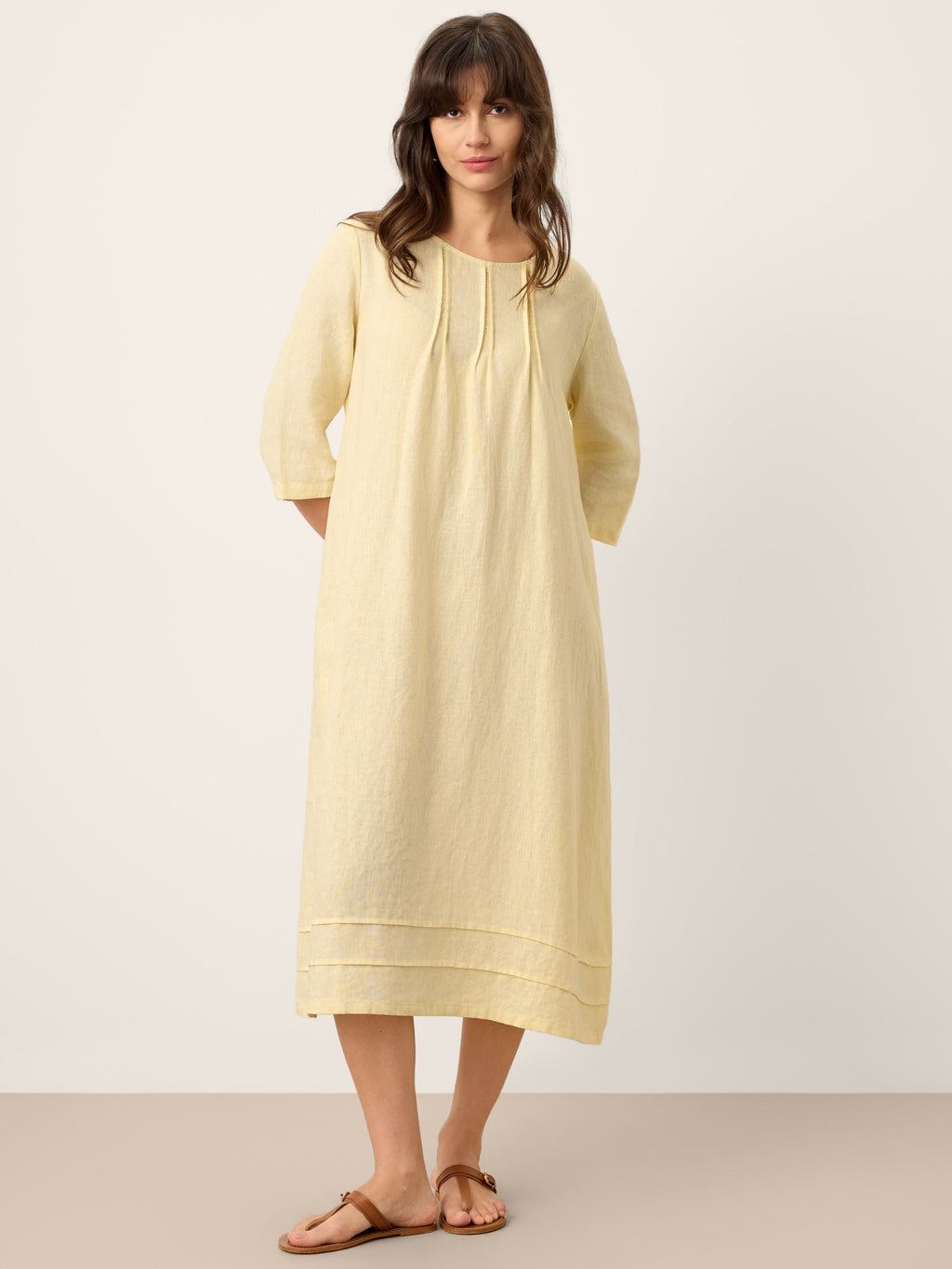 Robe Midi Étages VERENA en Lin 100 %, Froncée et Brodé, avec Ceinture Ajustable