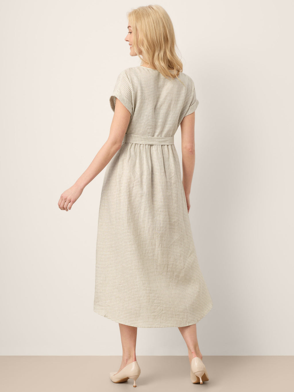 Robe longue Larissa 100 % lin à carreaux avec ceinture amovible et boutonnage devant
