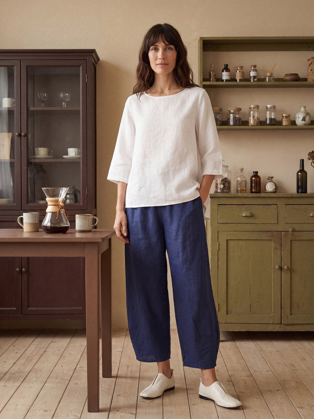 Haut BRIANNA 100 % lin, encolure ronde, ourlet asymétrique