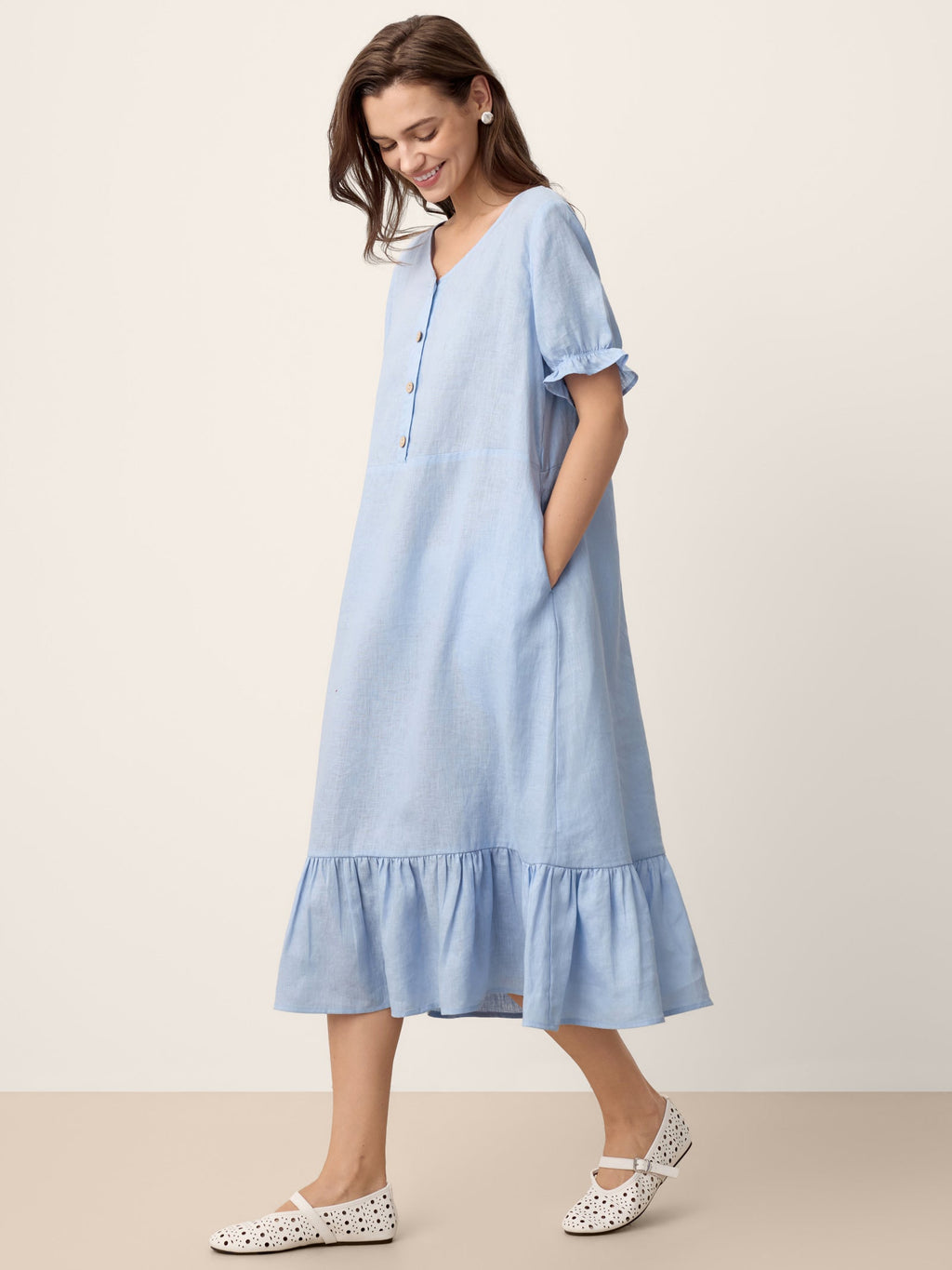 Robe midi ceinturée LIVARA en lin avec volants