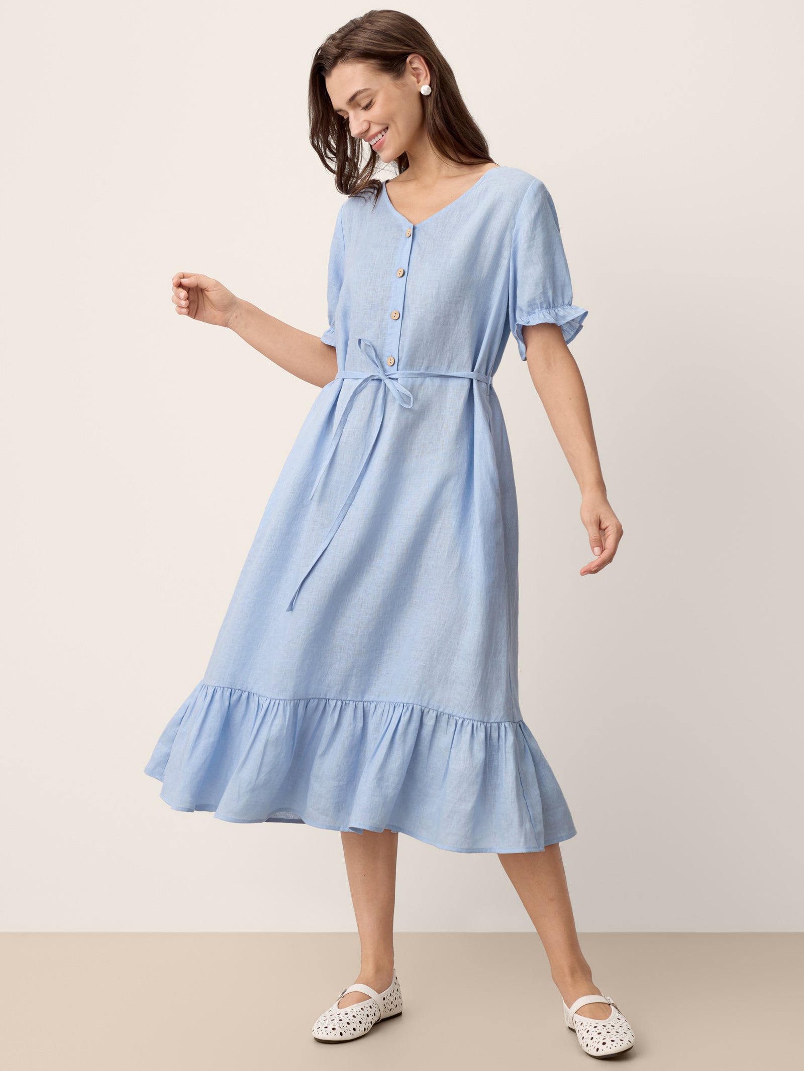 Robe midi ceinturée LIVARA en lin avec volants
