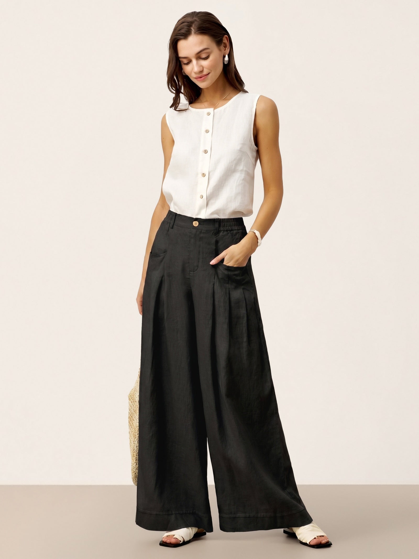 Pantalon VERIDIANA en 100 % lin, plissé sculpté et dos élastiqué, coupe décontractée