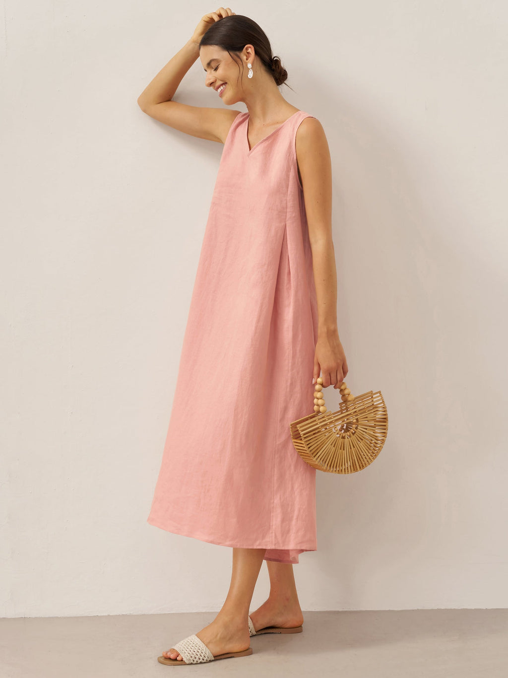 Robe midi trapèze sans manches 100 % lin TARA