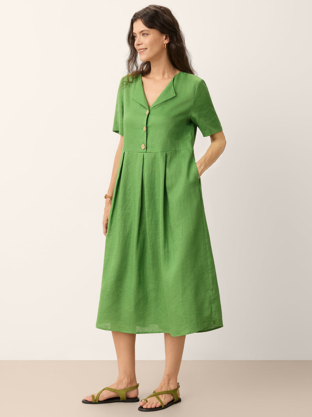 Robe midi 100 % lin à col tunisien et détails boutonnés SERAPHINE