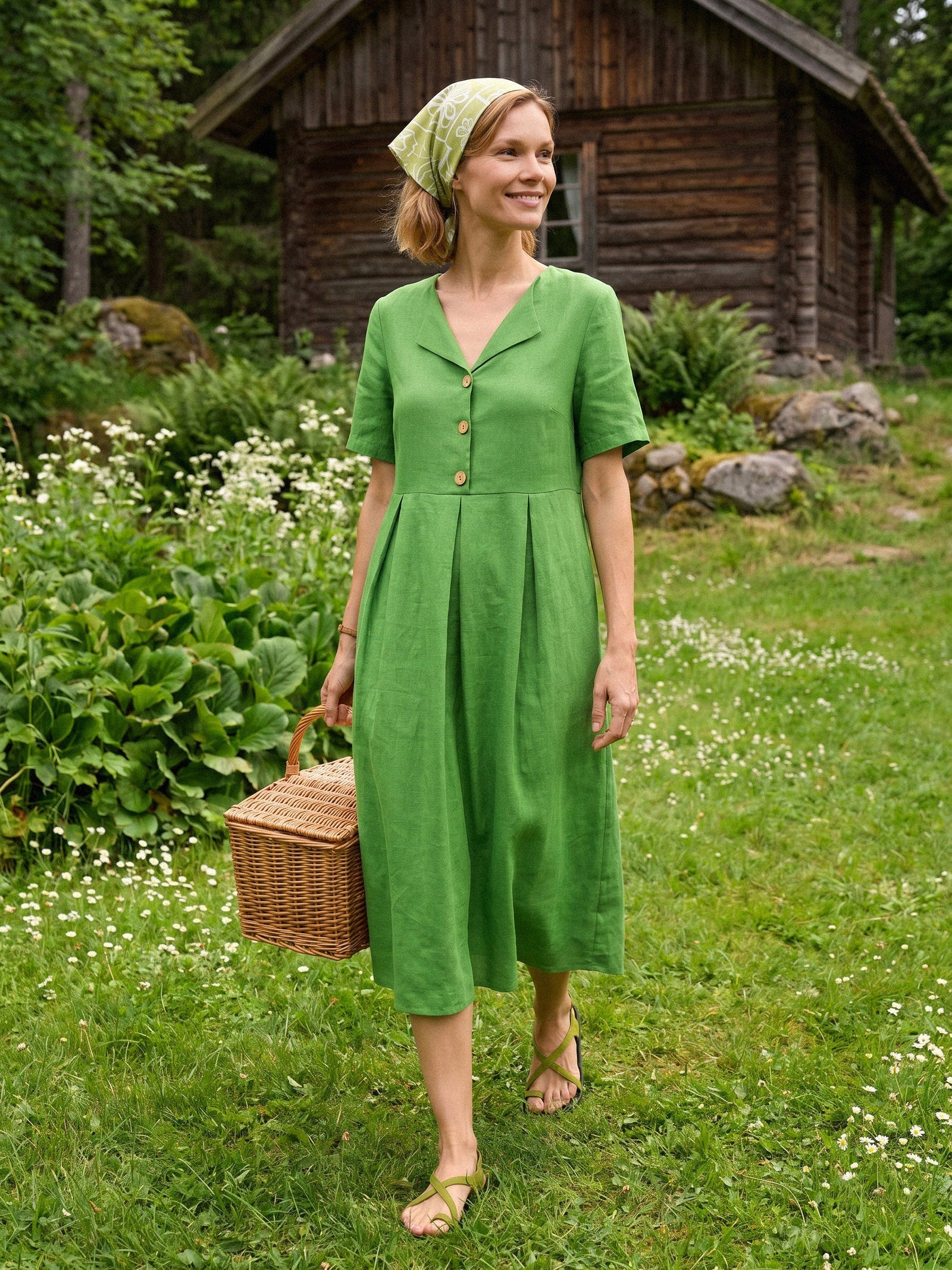 Robe midi 100 % lin à col tunisien et détails boutonnés SERAPHINE