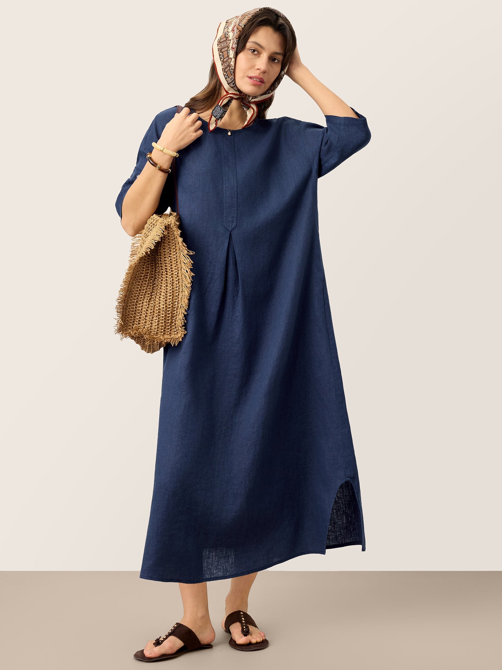 Robe midi MARIBEL 100 % lin avec manches retroussables et pli inversé