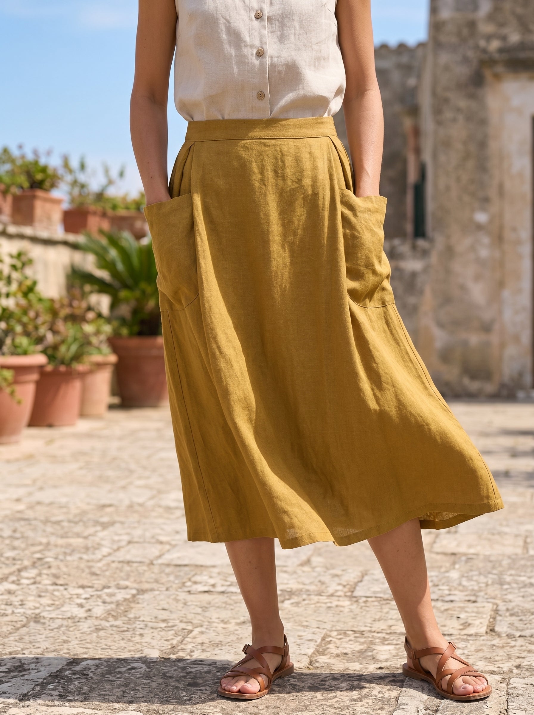 Jupe taille élastique 100 % lin MARINA