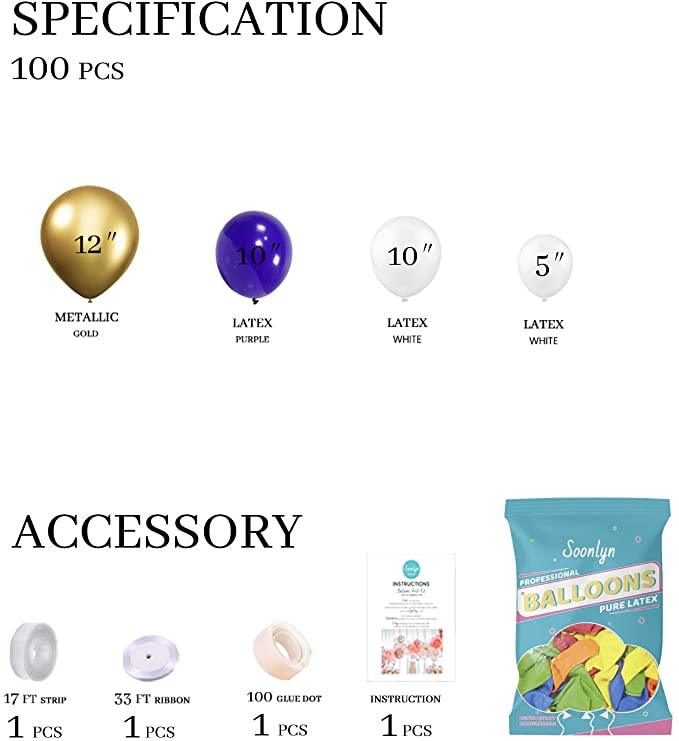 100 ballons en arc de guirlande violet foncé, blancs et dorés pour la décoration de fête d'anniversaire de mariage, de fiançailles, de baby shower, de thème d'anniversaire