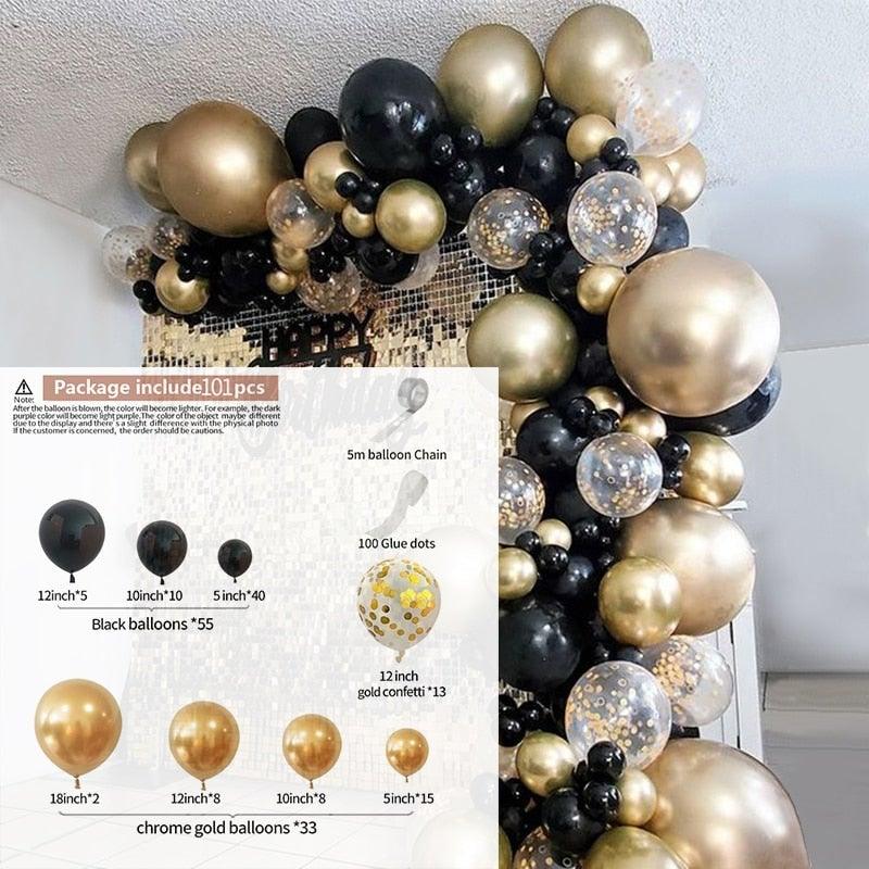 Kit Arche Guirlande Ballons Or Noir 101 pièces pour Décoration de Fête de Remise de Diplômes, Mariage, Anniversaire et Noël
