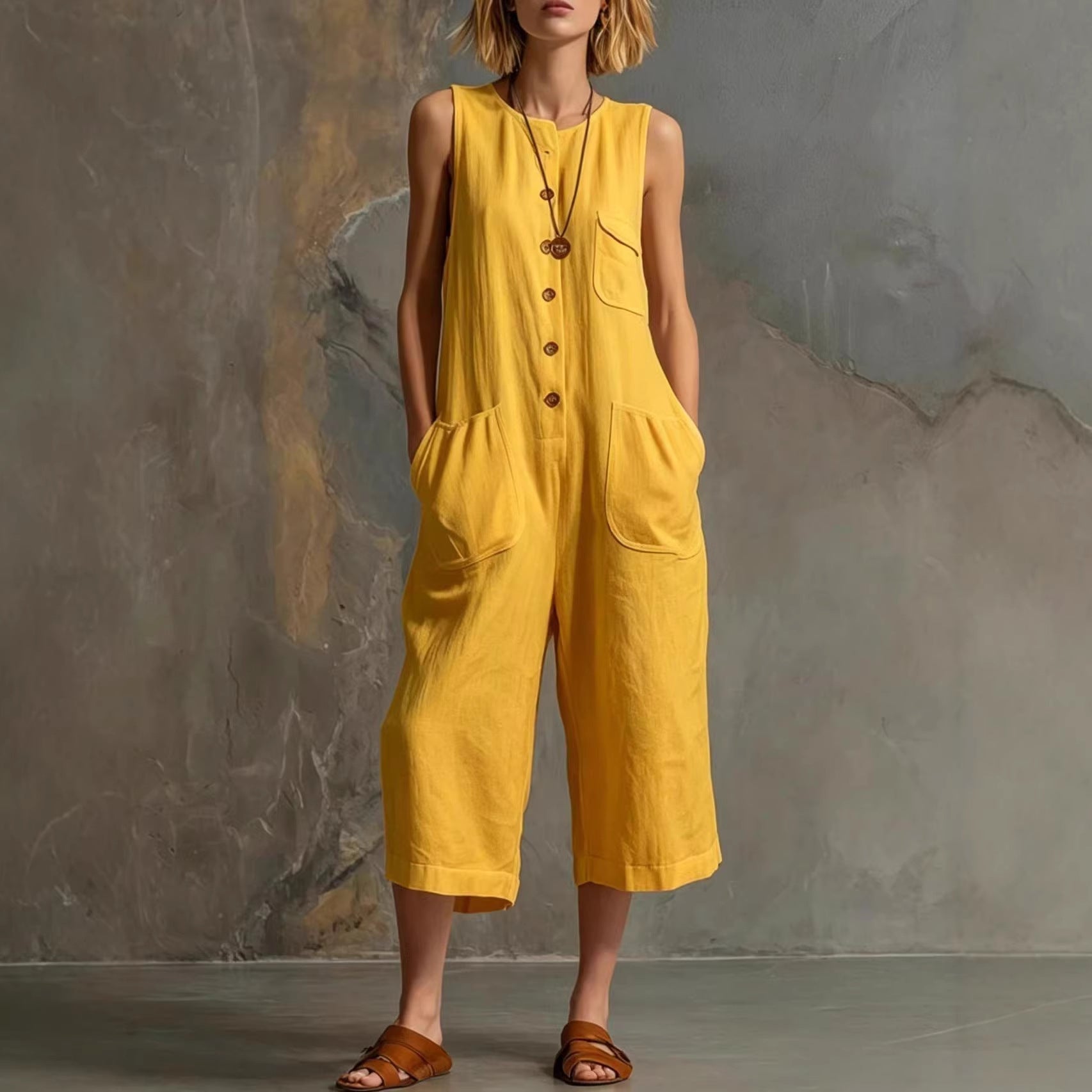 Combinaison courte rétro sans manches à jambes larges pour femme
