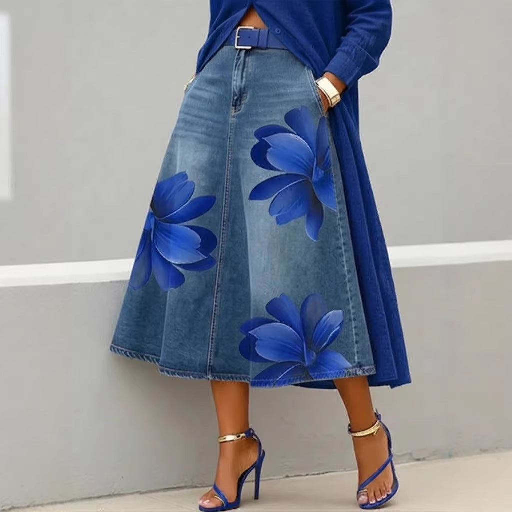 Jupe trapèze mi-longue fleurie pour femme – Jupe bohème style denim