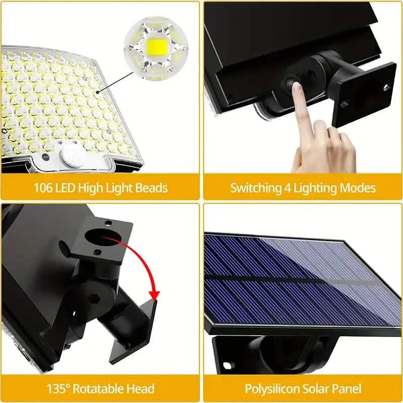 Lampe murale de jardin solaire à capteur de mouvement super lumineuse 106 LED
