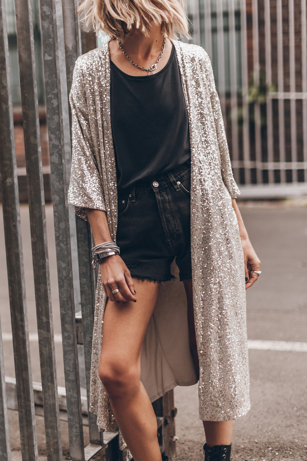 Cardigan long style duster à paillettes abricot et manches 3/4 - Femstylo