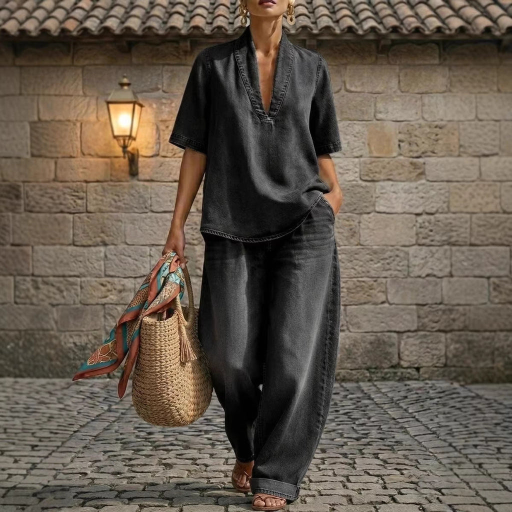 Ensemble haut col en V et pantalon large en jean délavé style rétro – 3 coloris, du S au 3XL