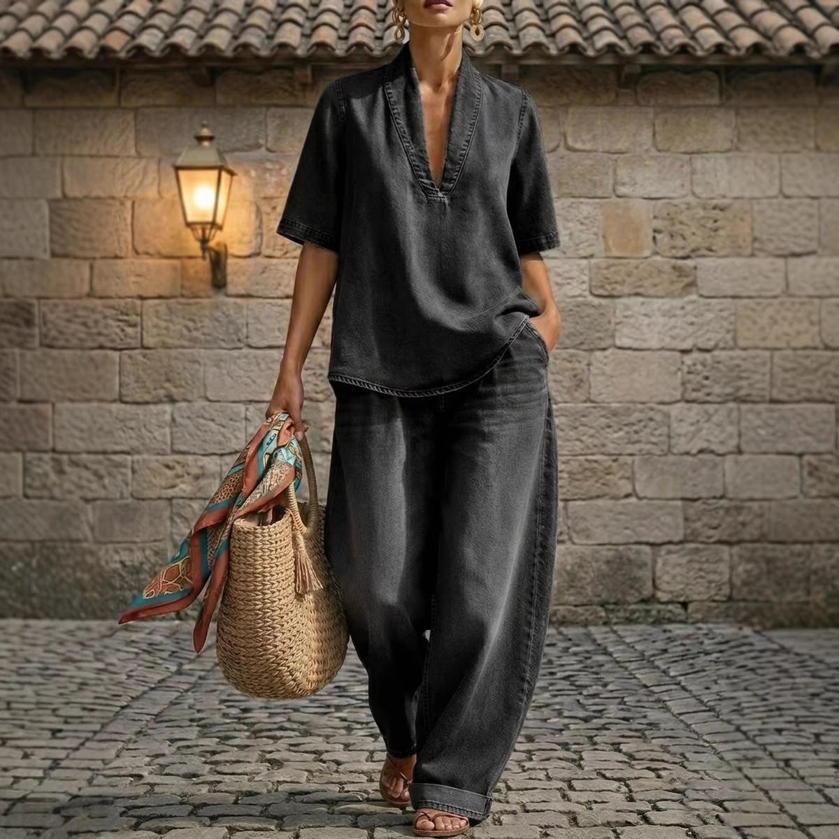 Ensemble haut col en V et pantalon large en jean délavé style rétro – 3 coloris, du S au 3XL