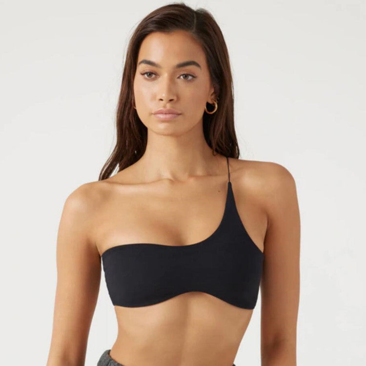 Haut de maillot de bain asymétrique pour femme, style vintage, rayé, noué, avec une épaule dénudée, haut court, séparé, une pièce, pour l'été, noir