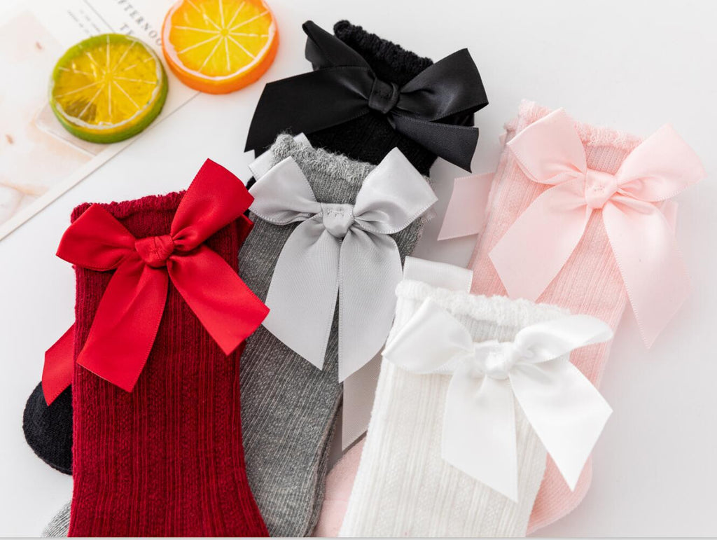 Nouvelles chaussettes extensibles pour enfants, tout-petons, filles, avec grand nœud, hauteur genou, longues, en coton doux, en dentelle, confortables, colorées