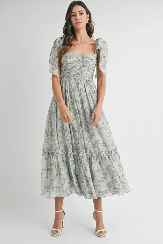Robe midi froncée à imprimé floral et bretelles à nouer pour femme – Robe midi froncée pour l'été, Robe à imprimé floral, Robe à bretelles à nouer, Robe midi féminine, Robe chic pour événements