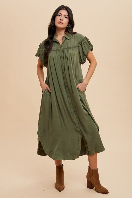Robe chemise boutonnée à manches bouffantes délavée pour femmes – Robe boutonnée fluide et tendance avec manches bouffantes, délavée pour un look chic sans effort