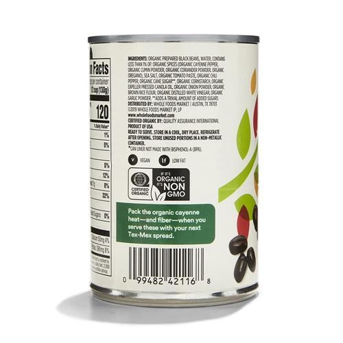 Whole Foods Market, Haricots Noirs Épicés Biologiques, 425 g