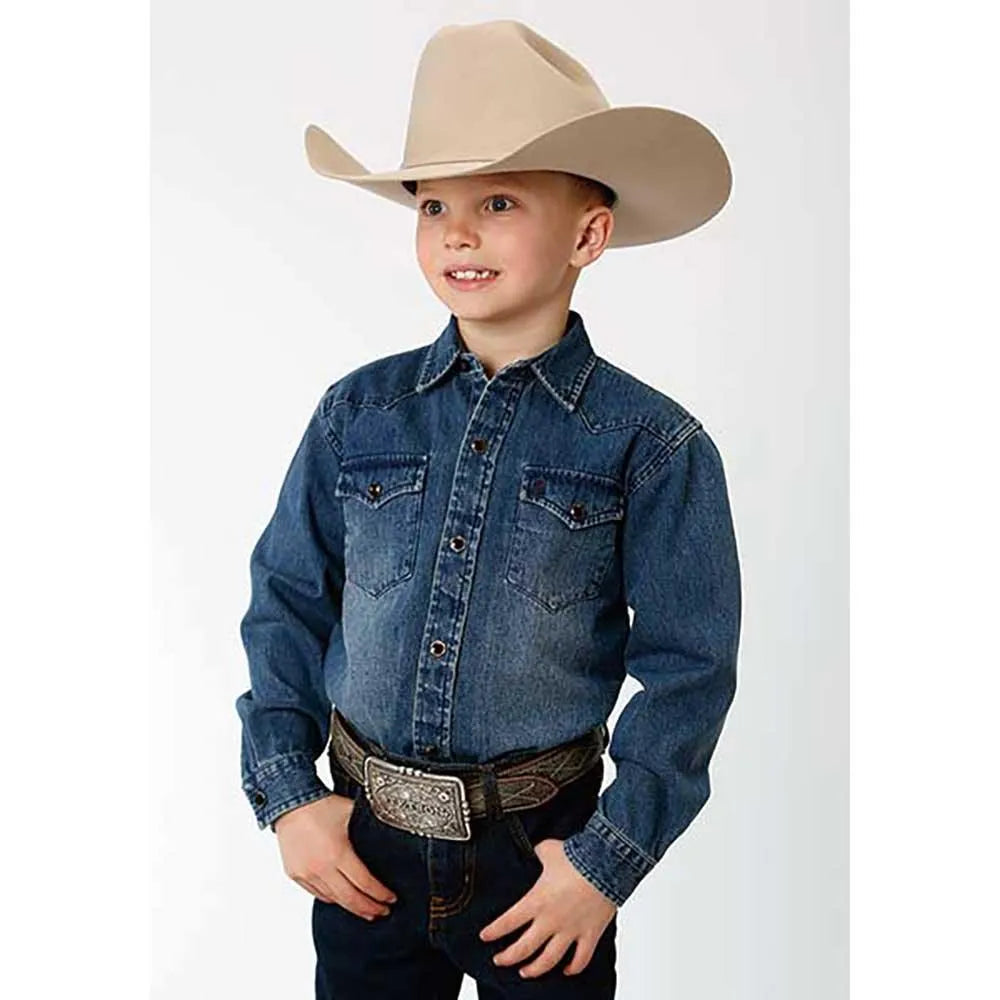 Chemise Western à manches longues en jean poids moyen Stetson (Bleu) – Garçon