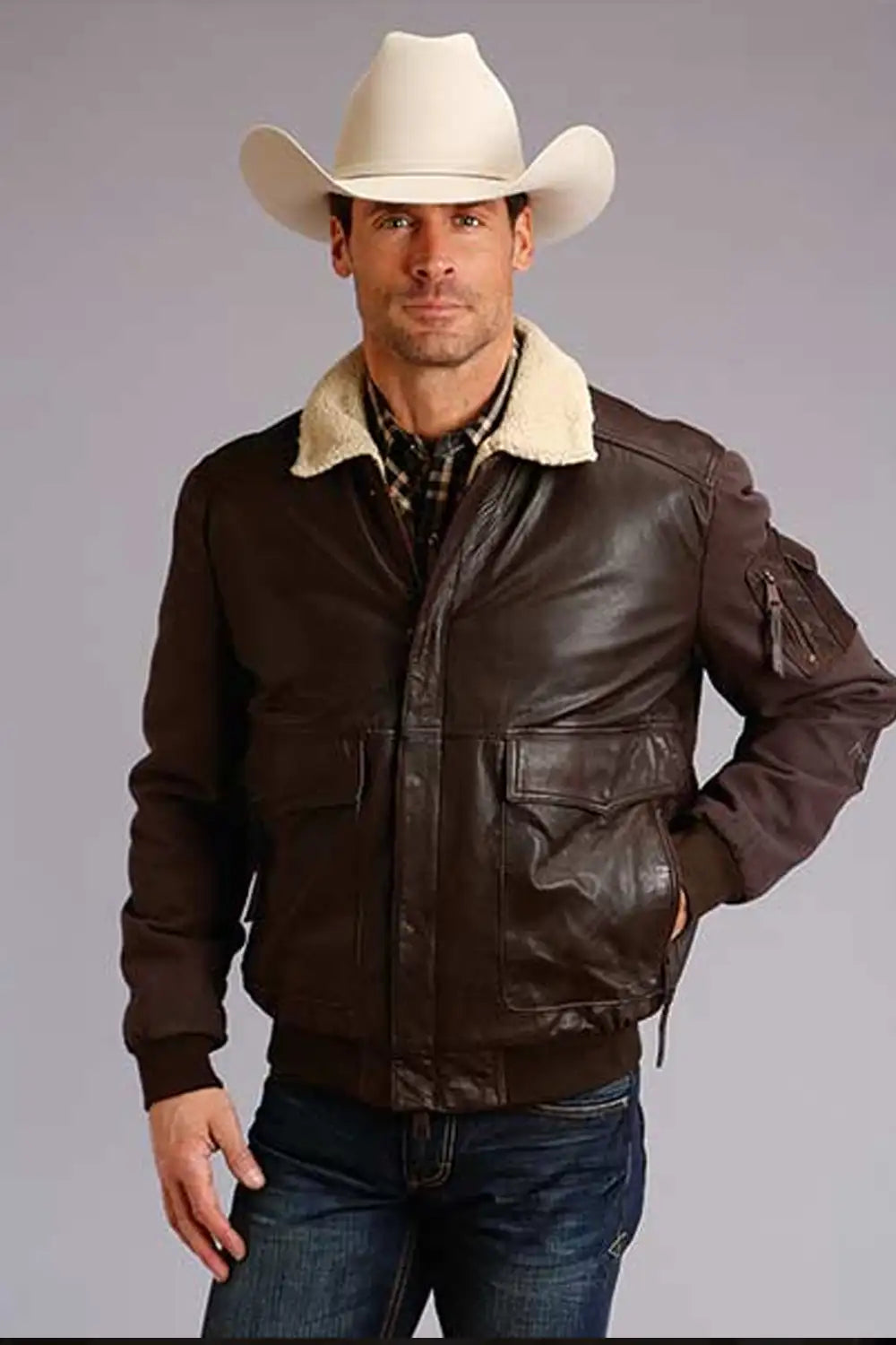 Blouson Aviateur Stetson (Marron) - Veste en Cuir et Toile pour Homme