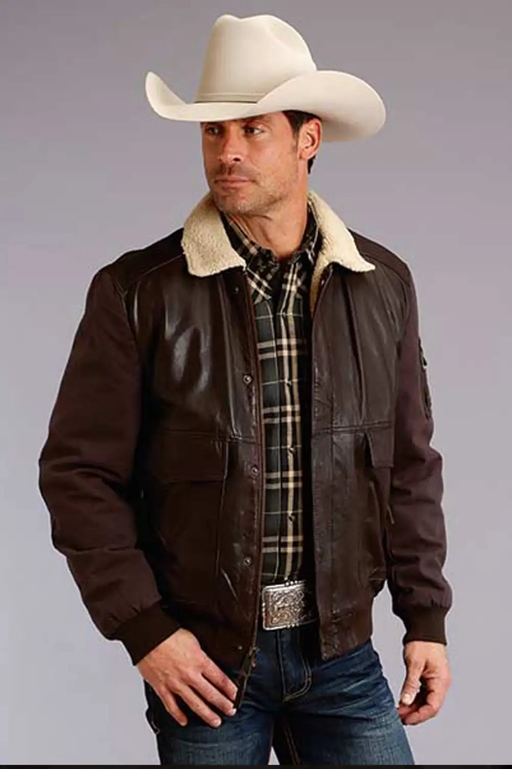 Blouson Aviateur Stetson (Marron) - Veste en Cuir et Toile pour Homme