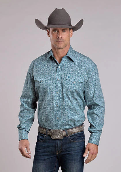 Chemise western Stetson 2573 Tile Medallion (Bleue) pour homme